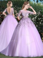 Lovely Scoop Lilac Ball Gowns Appliques Quinceanera Gown Backless Tulle Short Sleeves With Train(SKU YCQD0142BIZ)