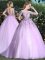 Lovely Scoop Lilac Ball Gowns Appliques Quinceanera Gown Backless Tulle Short Sleeves With Train