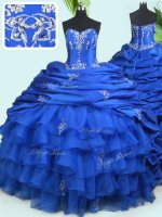 Flare Pick Ups Ruffled With Train Royal Blue Quinceanera Gowns Sweetheart Sleeveless Court Train Lace Up