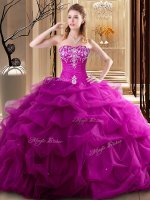 Dramatic Sleeveless Floor Length Embroidery and Pick Ups Lace Up Vestidos de Quinceanera with Fuchsia(SKU YSQD064-3BIZ)