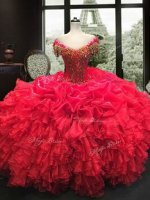 Organza Sweetheart Cap Sleeves Lace Up Beading and Ruffles 15th Birthday Dress in Red(SKU SJQDDT944002BIZ)