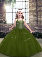 Beautiful Sleeveless Floor Length Beading Lace Up Girls Pageant Dresses with Olive Green