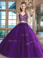 Simple Purple Sweet 16 Dresses Military Ball and Sweet 16 and Quinceanera with Lace and Appliques V-neck Sleeveless Zipper(SKU SXQD029-2BIZ)