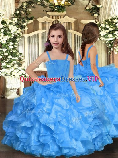 Blue Organza Lace Up Little Girls Pageant Gowns Sleeveless Floor Length Ruffles - Click Image to Close
