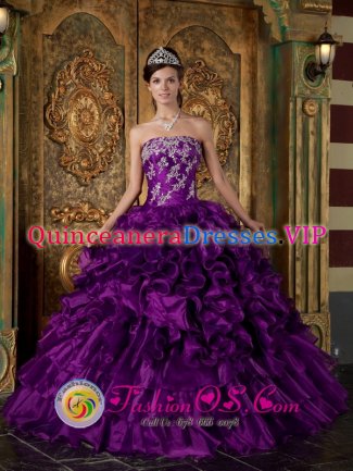 Aberystwyth Dyfed Pretty Eggplant Purple Appliques and Ruffles Decorate Bodice Quinceanera Dress For Strapless Organza Ball Gown