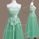 High End Turquoise Empire Tulle Strapless Sleeveless Appliques Tea Length Lace Up Dama Dress for Quinceanera