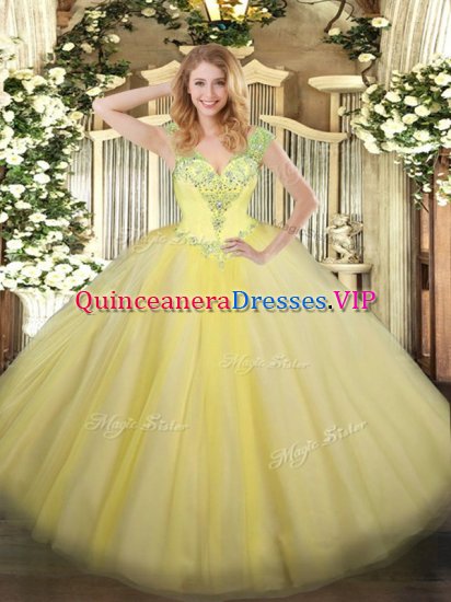 Exceptional Sleeveless Floor Length Beading Lace Up 15 Quinceanera Dress with Light Yellow - Click Image to Close
