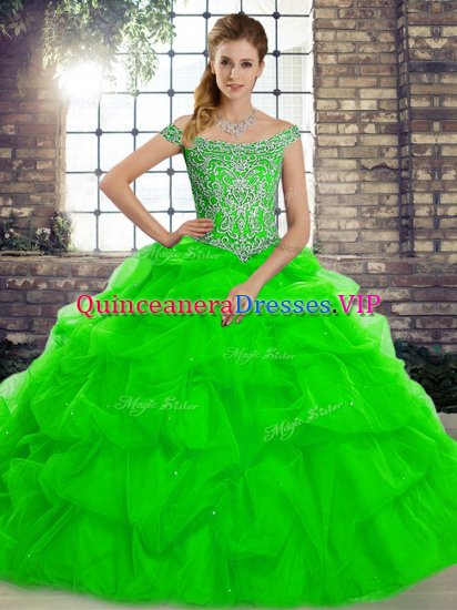 Green Sweet 16 Dress Off The Shoulder Sleeveless Brush Train Lace Up - Click Image to Close