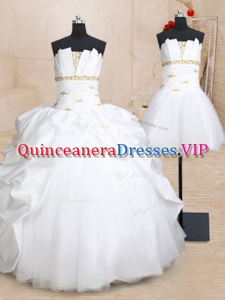 Best Three Piece Taffeta and Tulle Strapless Sleeveless Lace Up Beading and Pick Ups Vestidos de Quinceanera in White