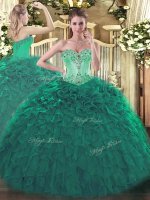 Best Sweetheart Sleeveless Sweet 16 Dresses Floor Length Beading and Ruffles Turquoise Organza