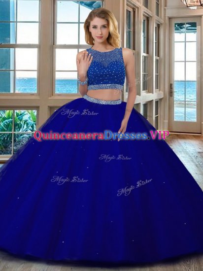 Scoop Royal Blue Sleeveless Floor Length Beading Backless Quinceanera Gown - Click Image to Close
