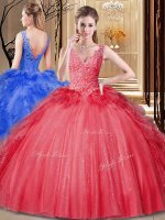 Charming Sleeveless Floor Length Appliques and Sequins and Pick Ups Backless Ball Gown Prom Dress with Red