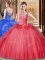 Charming Sleeveless Floor Length Appliques and Sequins and Pick Ups Backless Ball Gown Prom Dress with Red