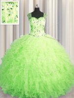 See Through Zipper Up Green Sleeveless Floor Length Beading and Ruffles Zipper Sweet 16 Dress