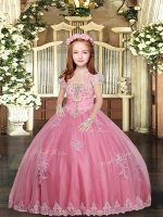 Popular Pink Ball Gowns Straps Sleeveless Tulle Floor Length Lace Up Appliques Little Girls Pageant Dress