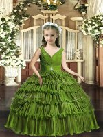 Ball Gowns Girls Pageant Dresses Olive Green V-neck Sleeveless Floor Length Backless