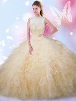 Fashionable Champagne Sleeveless Floor Length Beading and Ruffles Lace Up Quinceanera Dress