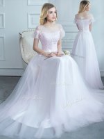Traditional Sweep Train Empire Quinceanera Court Dresses White Scoop Tulle Short Sleeves Lace Up
