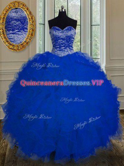 Popular Royal Blue Sleeveless Floor Length Beading and Ruffles Lace Up Sweet 16 Dresses - Click Image to Close