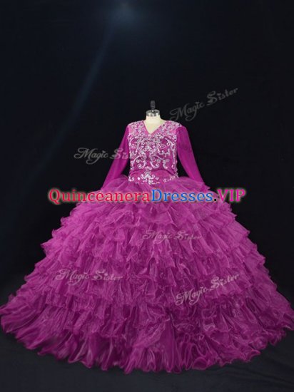Colorful Purple Organza Lace Up Sweet 16 Dress Long Sleeves Floor Length Beading and Ruffled Layers - Click Image to Close