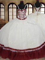 Inexpensive Straps Beading Vestidos de Quinceanera White And Red Lace Up Sleeveless Floor Length