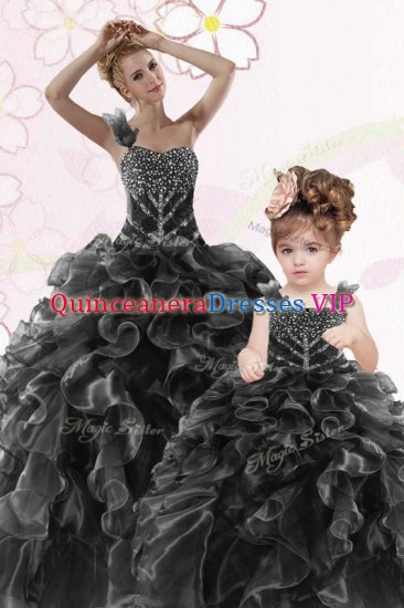 Gorgeous One Shoulder Floor Length Lace Up Ball Gown Prom Dress Black for Military Ball and Sweet 16 and Quinceanera with Beading and Ruffles - Click Image to Close