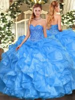 Baby Blue Organza Lace Up Sweetheart Sleeveless Floor Length Sweet 16 Dresses Beading and Ruffles