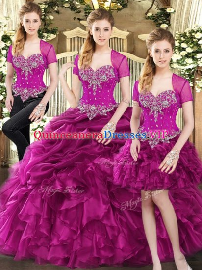 Fantastic Sweetheart Sleeveless Sweet 16 Quinceanera Dress Floor Length Beading and Ruffles and Pick Ups Fuchsia Organza - Click Image to Close