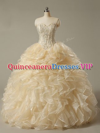 Fancy Champagne Sweetheart Neckline Beading and Ruffles Sweet 16 Dress Sleeveless Lace Up
