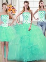 Best Three Piece Turquoise Sleeveless Floor Length Beading and Appliques and Ruffles Lace Up Quinceanera Gown