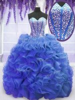 Hot Sale Royal Blue Custom Made Organza Sweep Train Sleeveless Beading and Ruffles