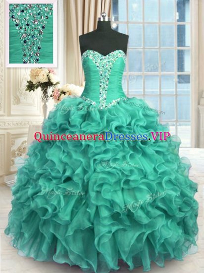 Beading and Ruffles Quince Ball Gowns Turquoise Lace Up Sleeveless Floor Length - Click Image to Close