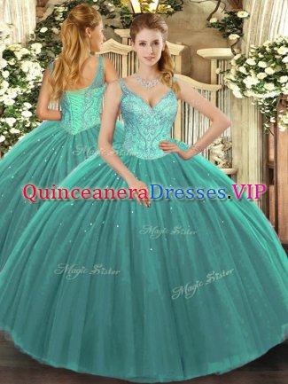 Captivating Turquoise 15 Quinceanera Dress Military Ball and Sweet 16 with Beading V-neck Sleeveless Lace Up
