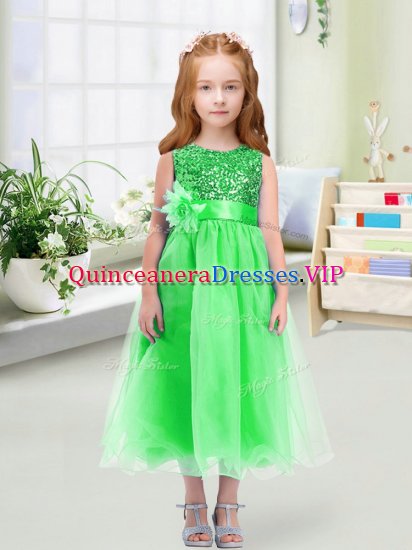 Trendy Tea Length Zipper Little Girl Pageant Gowns Green for Wedding Party with Sequins and Hand Made Flower - Click Image to Close