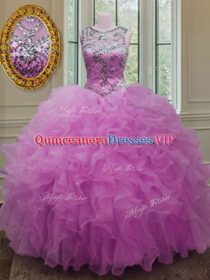 Fuchsia Sweet 16 Dress Military Ball and Sweet 16 and Quinceanera with Beading and Ruffles Scoop Sleeveless Lace Up - Click Image to Close