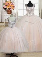 Straps Floor Length Pink Quince Ball Gowns Tulle Sleeveless Beading