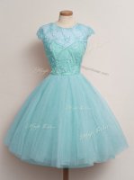 Scoop Cap Sleeves Quinceanera Court of Honor Dress Knee Length Lace Aqua Blue Tulle