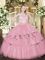 Wonderful Floor Length Baby Pink Sweet 16 Dresses Scoop Sleeveless Zipper