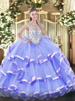 Lavender Zipper Scoop Beading and Ruffled Layers Quinceanera Gown Organza Sleeveless