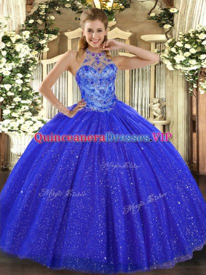 Ball Gowns Sweet 16 Dress Royal Blue Halter Top Tulle and Sequined Sleeveless Floor Length Lace Up - Click Image to Close