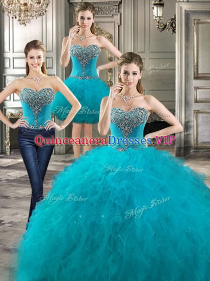 Fitting Three Piece Floor Length Ball Gowns Sleeveless Teal 15th Birthday Dress Lace Up - Click Image to Close