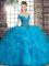 Stunning Blue Ball Gowns Off The Shoulder Sleeveless Tulle Floor Length Lace Up Beading and Ruffles 15th Birthday Dress