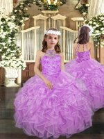 Sleeveless Organza Floor Length Lace Up Pageant Dress Wholesale in Lilac with Beading and Ruffles(SKU PAG1041BIZ)