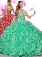 Sleeveless Organza Floor Length Lace Up 15th Birthday Dress in Green with Beading and Ruffles