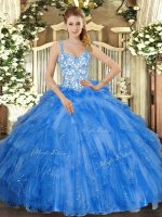 Admirable Blue Straps Neckline Beading and Ruffles Quinceanera Dresses Sleeveless Lace Up