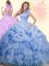 Blue Ball Gowns High-neck Sleeveless Organza Brush Train Backless Beading and Ruffles and Pick Ups Quince Ball Gowns