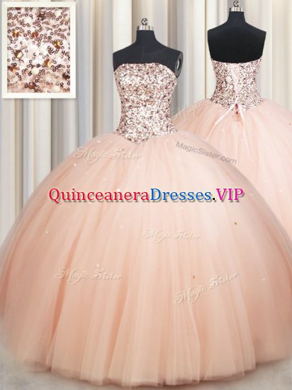 Luxury Peach Strapless Lace Up Beading Quinceanera Dress Sleeveless - Click Image to Close