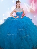 Blue Lace Up High-neck Beading Quinceanera Dresses Tulle Sleeveless