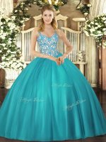 Teal Sleeveless Tulle Lace Up Ball Gown Prom Dress for Sweet 16 and Quinceanera