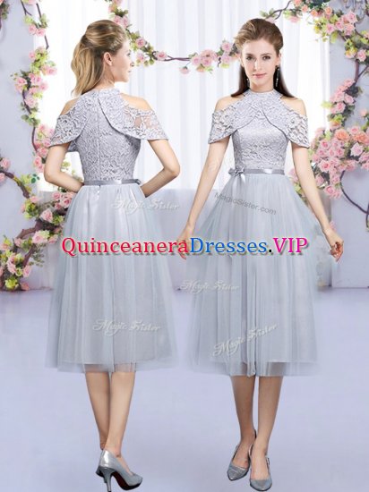 Exceptional High-neck Sleeveless Zipper Dama Dress for Quinceanera Grey Tulle - Click Image to Close